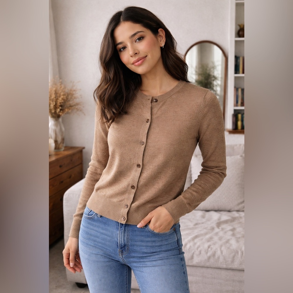 J.Crew 100% Merino Wool Camel Cardigan Classic Minimalist Soft Girl Preppy